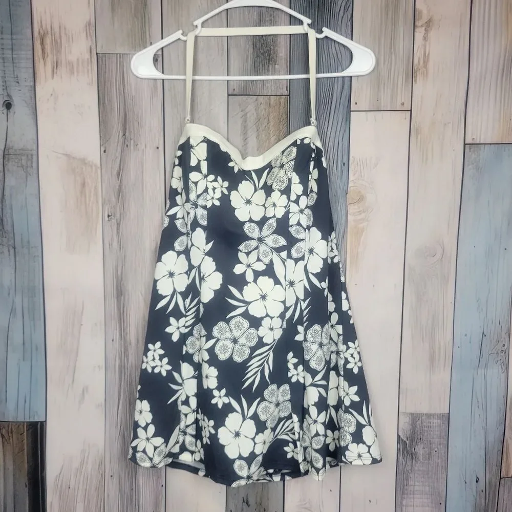 A&H Sportswear Gray White Floral Halter One Piece Swimsuit Dress Size 12